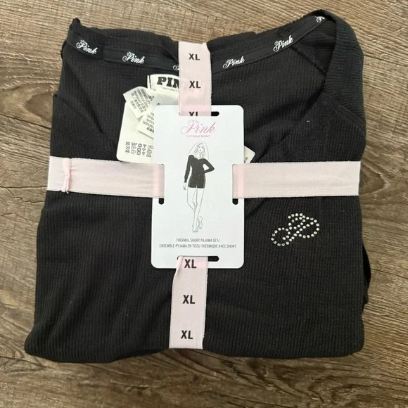Victoria's Secret PINK Pajama Set Size XL Thermal Long BLING 2 Piece Black NWT
